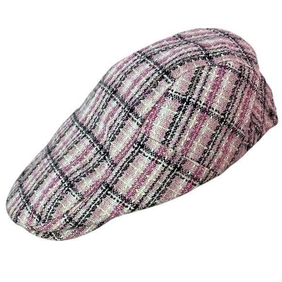 Pink Plaid Tweed Newsboy Cabbie Hat Cap One Size Adjustable Lined Preppy Twee - Picture 4 of 5